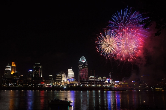Fireworks over Ohio River, Cinncinati, OH, USA