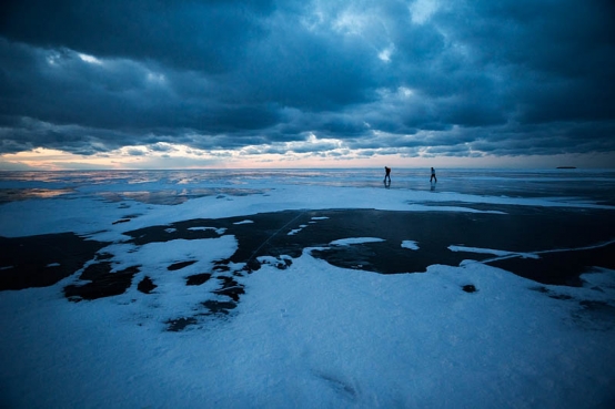 walking on frozen Lake Superior at night