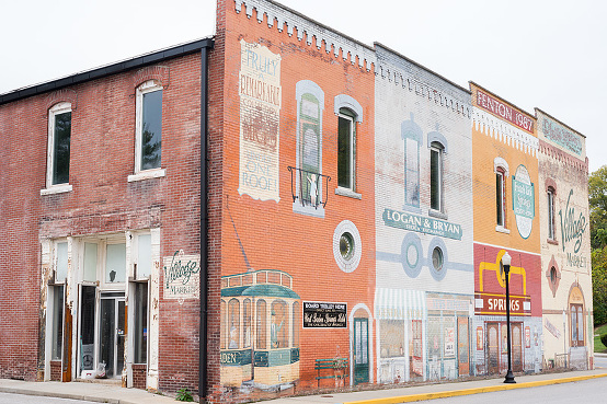Colorful buildings with painted murals in downtown French Lick, Indiana, USA