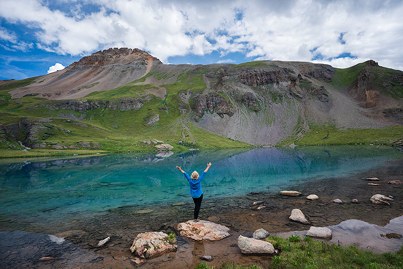 hiking guide to Ice Lake, Colorado, best day hike, Woman at Ice Lakes, Colorado, copyrighted, uniquetravelphoto.com, hiking, epic, bucket list, Colorado, Ice Lake