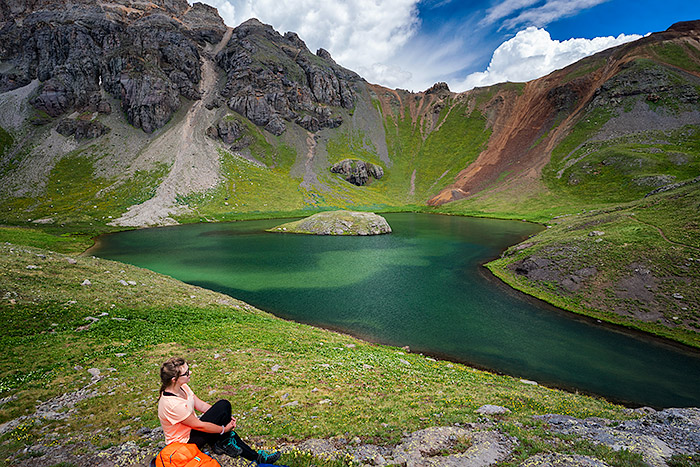 hiking guide to Ice Lake, Colorado, best day hike,, uniquetravelphoto, Teen at Island Lake, Ice Lake Basin, CO, uniquetravelphoto.com, copyrighted, teenage, hiking, mountains, colorado, san juan national forest, Colorado