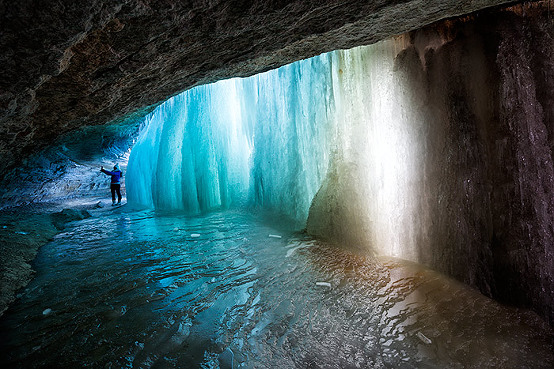 Exploring behind Minnehaha frozen waterfall in Minneapolis, Minnesota, USA