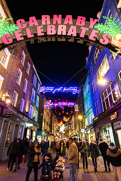 Canaby decorations at night in London at Christmas