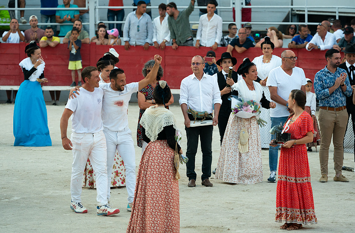 Award ceremony, Course Camarguaise bull race in Arles, France
